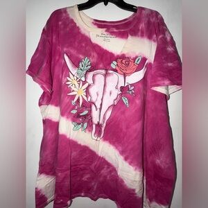 Pink Tie-Dye Graphic T-Shirt with Bull Skull